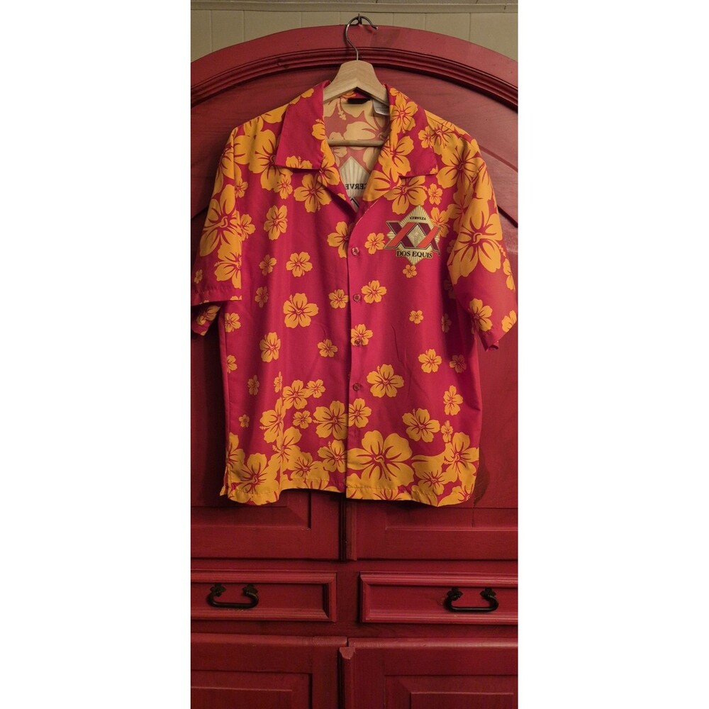 Cerveza Dos Equis Mens Large Red Hawaiian Shirt Floral Print Aloha Orange EUC